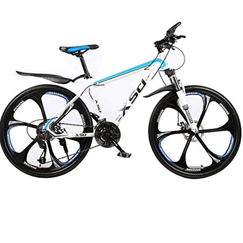 Mountain Bike : Hardtail Mountain Bike, 26 Inch-21 / 24 / 27 Speed MTB Bike, Front Suspension, Disc Brakes, 6 Cutter Wheels, Trail Bicycle, White Blue, 26In 27Speed