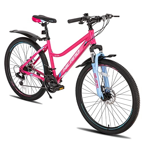 Mountain Bike : Hiland Mountain Bike 26 Inch MTB Front Suspension with 21 Speed Gear Steel Frame Disc Brake Mudguards Pink for Women Bicycle