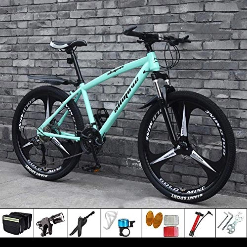 Mountain Bike : HYQW Lightweight Mountain Bikes, with 24 / 26 Inchs 24-Speed Double Disc Brake, Full Suspension Anti-Slip, High-Carbon Steel Frame, Suspension Fork, 3 Cutter Wheel, Green-24 inches