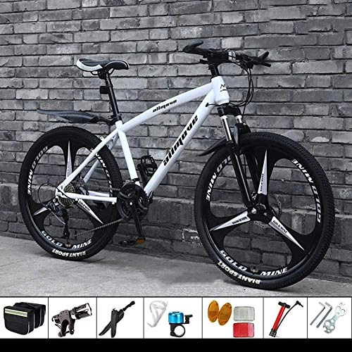 Mountain Bike : HYQW Lightweight Mountain Bikes, with 24 / 26 Inchs 27-Speed Double Disc Brake, Full Suspension Anti-Slip, High-Carbon Steel Frame, Suspension Fork, 3 Cutter Wheel, White-26 inches