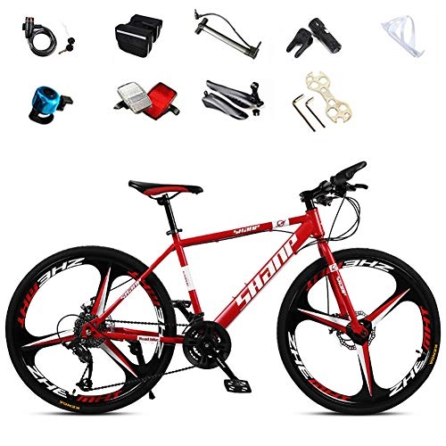 Mountain Bike : JACK'S CAT Carbon Steel Full Mountain Bike, 26 Inch Mountain Bicycle, 3 Cutter Wheels Magnesium Alloy Wheels and Double Disc Brake, Red, 27 speed