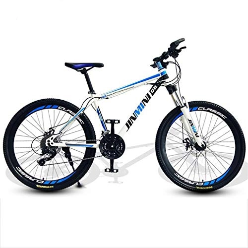 Mountain Bike : JLFSDB Mountain Bike, 26 Inch Hardtail Mountain Bicycles, Carbon Steel Frame, Front Suspension Double Disc Brake, 21 / 24 / 27 Speeds (Color : White+Blue, Size : 21 Speed)