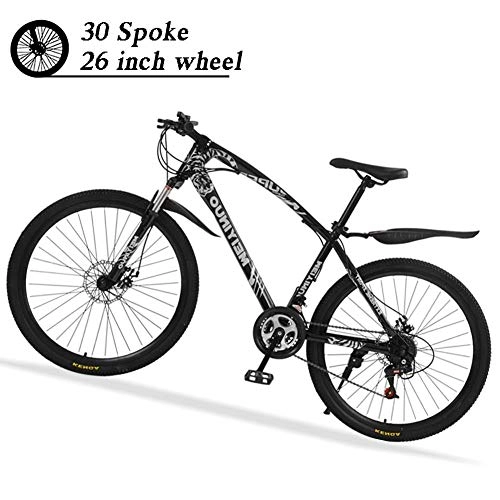 Mountain Bike : KaiKai 26 Inch Hardtail Mountain Bikes with Disc Brakes, 27 Speed Mens Hybrid Bicycles Suspension Fork, High-Carbon Steel Frame All Terrain MTB, Blue, 40 spokes (Color : Black, Size : 30 spokes)