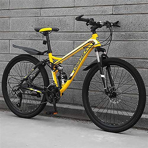 Mountain Bike : KKLTDI Mountain Bike Bicycle, Dual Disc Brake Full Suspension Mountain Bicycle, High Carbon Steel Men Women Off-road Mountain Bikes Yellow 24", 30-speed