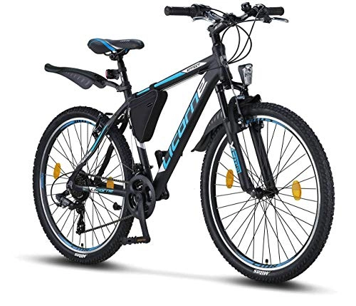 Mountain Bike : Licorne Bike Effect 26 Inch Mountain Bike, Suitable from 150 cm, Shimano 21 Speed Gears, Fork Suspension Boys Bike & Men's Bicycle Frame Bag, Boys' Men, Black / blue, 26