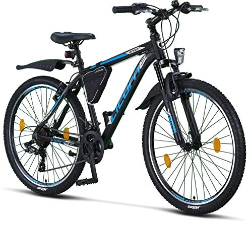 Mountain Bike : Licorne Bike Effect 26 Inch Mountain Bike, suitable from 150 cm, Shimano 21 Speed Gears, Fork Suspension, Boys’ & Men's Bicycle, Frame Bag, boys mens, Black / blue, 26
