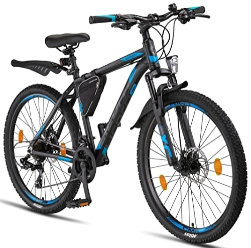 Mountain Bike : Licorne Bike Effect Premium Mountain Bike - Alloy Frame Bicycle for Boys, Girls, Men and Women - 21 Speed Gear, 26 inch, Black / Blue (2x Disc Brake)