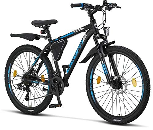 Mountain Bike : Licorne Bike Effect Premium Mountain Bike - Alloy Frame Bicycle for Boys, Girls, Men and Women - Shimano 21 Speed Gear, 26 inch, Black / Blue (2x Disc Brake)