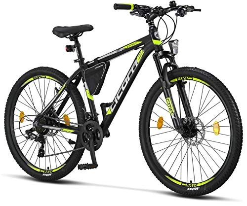 Mountain Bike : Licorne Bike Effect Premium Mountain Bike in 27.5 Inch Aluminium, Bicycle for Boys, Girls, Men and Women - 21 Speed Gears - Disc Brake Men's Bike - Black / Lime (2 x Disc Brakes)