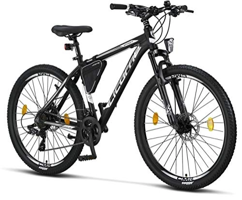 Mountain Bike : Licorne Bike Effect Premium Mountain Bike in 27.5 Inch Aluminium, Bicycle for Boys, Girls, Men and Women - 21 Speed Gears - Disc Brake Men's Bike - Black / White (2 x Disc Brakes)