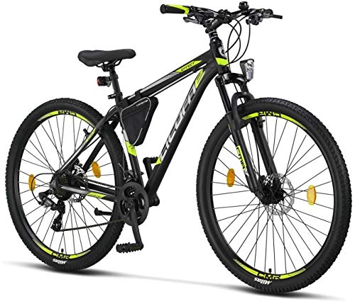 Mountain Bike : Licorne Bike Effect Premium Mountain Bike in 29 Inch Aluminium, Bicycle for Boys, Girls, Men and Women - 21 Speed Gears - Men's Bike - Black / Lime (2 x Disc Brakes)