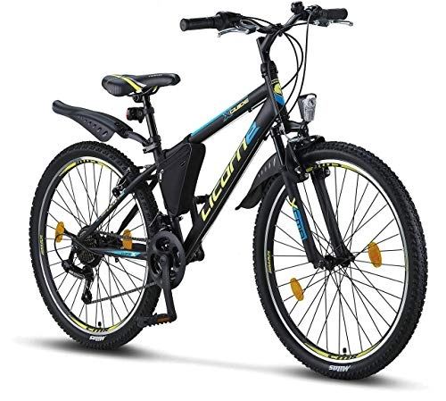 Mountain Bike : Licorne Bike Guide, 26 inches, 24 inches, 20 inch mountain bike, Shimano 21 speed gears, fork suspension, children's bicycle, boys and girls bicycle, frame bag, boys mens, Black / Blue / Lime, 26