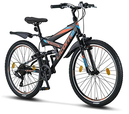 Mountain Bike : Licorne Bike, Premium mountain bike in 26 inches - bicycle for boys, girls, women and men - Shimano 21 speed gears - full suspension - strong bike, 26 (26 inch V Break, Black / Blue / Orange)