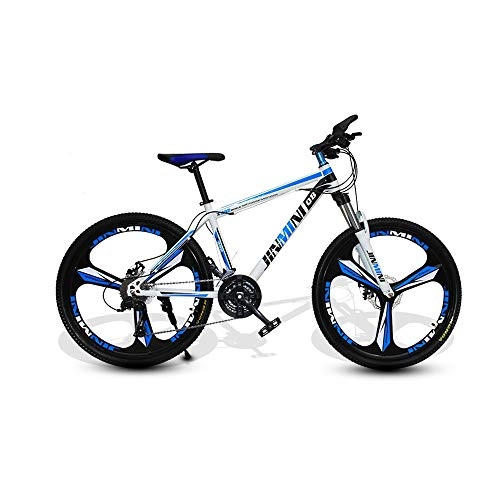 Mountain Bike : LRHD 24 Inches 26 Inch Mountain Bikes, Men's Dual Disc Brake Hardtail Mountain Bike, Bicycle Adjustable Seat, High-carbon Steel Frame, 21 Speed, 3 Spoke (White and Blue) (Size : XL)