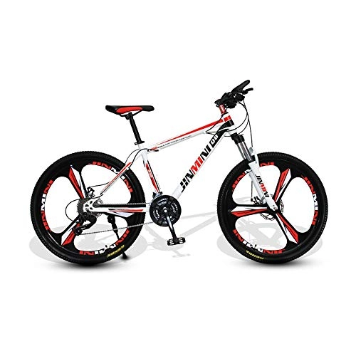 Mountain Bike : LRHD 24 Inches 26 Inch Mountain Bikes, Men's Dual Disc Brake Hardtail Mountain Bike, Bicycle Adjustable Seat, High-carbon Steel Frame, 21 Speed, 3 Spoke (White and Red) (Size : L)