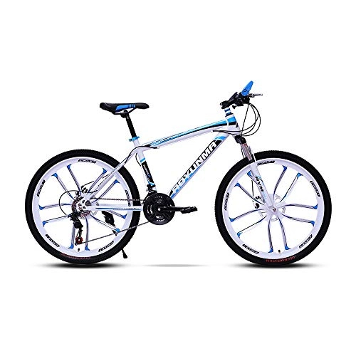 Mountain Bike : LRHD Mountain Bike High-carbon Steel Frame Bicycle Fork Suspension 6 knives Wheels Double Disc Brakes Race Bicycle 24 / 26 Inch MTB Bike Racing Bicycle Outdoor Cycling, 21 Speed(White and Blue)