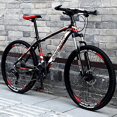 Mountain Bike : LZHi1 26 Inch Front Suspension Fork Mountain Bike, 30 Speed Mountain Bicycle With Dual Disc Brakes, Carbon Steel Frame Outroad Mountain Bicycle Commuter Bike With Adjustable Seat(Color:Black red)
