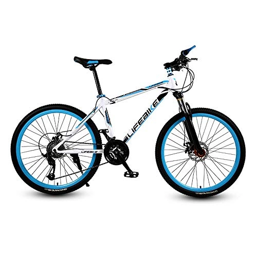 Mountain Bike : Minkui Male and female students adult cross-country mountain bike 21-speed front fork suspension Double-line disc brake disc brakes Aluminum alloy frame and forks-White blue_6 speed
