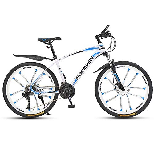 Mountain Bike : Mountain Bike, High-carbon Steel Hardtail Mountain Bike, Double Disc Brake and Full Suspension, 21 Speed-Ten Cutter Wheel-White Blue_24 inches