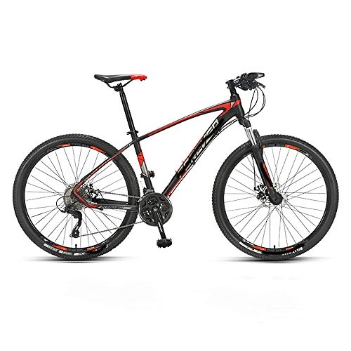 Mountain Bike : Mountain Bikes 27 Speed Portable Aluminum Alloy Cross-country Bike with Double Shock Absorption, Adjustable Seat, Suitable for Road Work and Mountain Trekking (Color : Black red, Size : 27.5 inch)