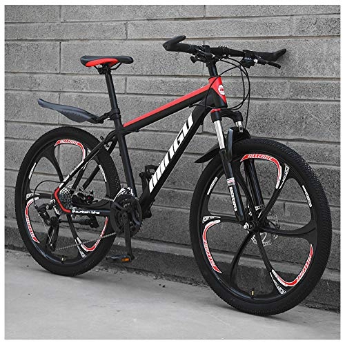 Mountain Bike : NENGGE 24 Inch Mountain Bikes, Mens Women Carbon Steel Bicycle, 30-Speed Drivetrain All Terrain Mountain Bike with Dual Disc Brake, 21Vitesses, Black Red 6 Spoke