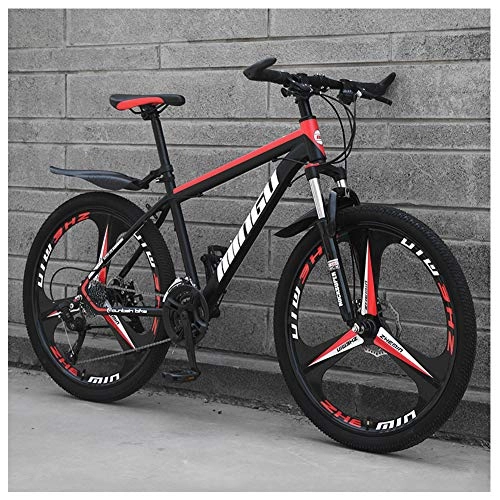 Mountain Bike : NENGGE 26 Inch Men's Mountain Bikes, High-carbon Steel Hardtail Mountain Bike, Mountain Bicycle with Front Suspension & Adjustable Seat, Dual Disc Brake, 24 speed, Black Red 3 Spokes