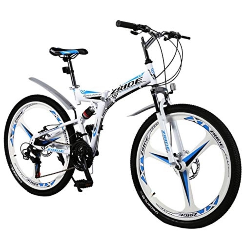 Mountain Bike : Qj Mountain Bike 30 Speed Mountain Bike 24In ~26 Inch Dual Suspension Folding Bike, White Blue, 26in