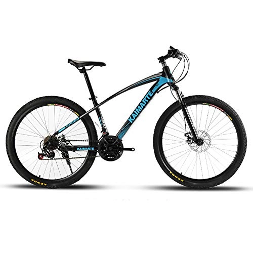 Mountain Bike : Unisex Suspension Mountain Bike 24 Inch High-carbon Steel Frame 21 / 24 / 27 Speed with Disc Brakes, Blue, 24Speed