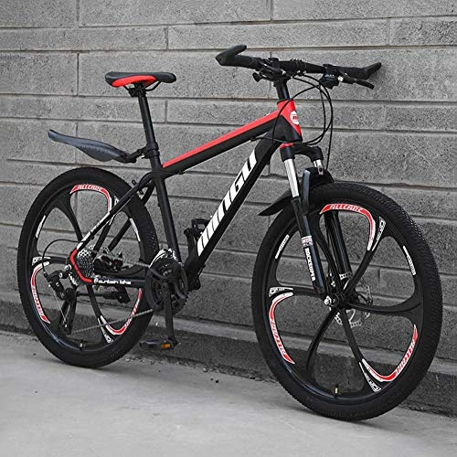 Mountain Bike : WLKQ 26 Inch Mountain Bikes, Adult Mountain Bike, MTB, Men's Dual Disc Brake Mountain Bike, Bicycle Adjustable Seat, High-carbon Steel Frame, 27 Speed, Black Red 6 Spoke