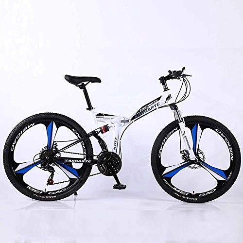 Mountain Bike : XER Mountain Bike, 21 Speed Dual Suspension Folding Bike, with 26 Inch 3-Spoke Wheels and Double Disc Brake, for Men and Woman, White, 21speed