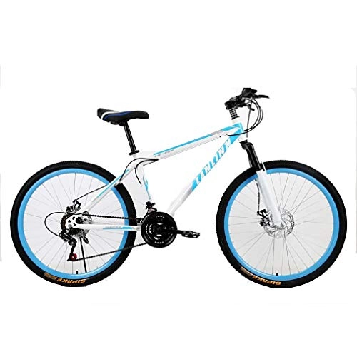 Mountain Bike : YAOXI 26 Inch Mountain Bike with Suspension Fork Damping, Non-Slip Handle 21 Gear Bicycle in Front And Behind Disc Brakes Boy-Girl Bikes, White / Blue