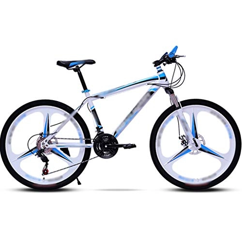 Mountain Bike : YHRJ Adult Bicycle Men's And Women's Mountain Bikes, Cross Country Road Bike, MTB 21 / 24 / 26 Spd, High Carbon Steel, Dual Disc Brakes, Shock Absorber Fork (Color : White blue-21spd, Size : 24inch wheel)