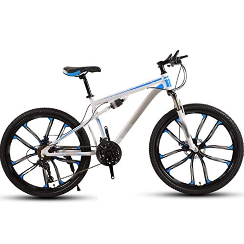 Mountain Bike : YHRJ Adult Bicycle Off-road Adult Mountain Bike, Outdoor Camping Road Bicycle, MTB High Carbon Steel Frame, 21 / 24 / 26 / 30 Spd, Double Shock Absorption (Color : White blue-21spd, Size : 24inch wheel)