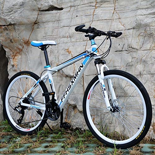 Mountain Bike : YKMY 24 inch / 26 inch road mountain bike bicycle adult men and women bike, double suspension mountain bike-White round blue_21 speed-24 inches
