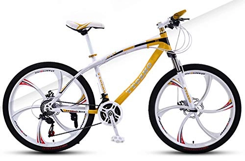 Mountain Bike : YKMY Mountain bike bicycle adult men and women variable speed bicycle double disc brake double shock absorption ultra light car-White yellow 6 knife one wheel_27 speed-24 inches