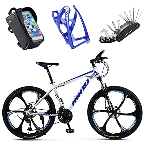 Mountain Bike : Z&HA 26-Inch 21-Speed Mountain Bike, High-Carbon Steel Mountain Bike, with Bicycle Accessories, Dual Disc Brakes, Suitable for Adults And Cycling Enthusiasts, white blue, 6 spokes