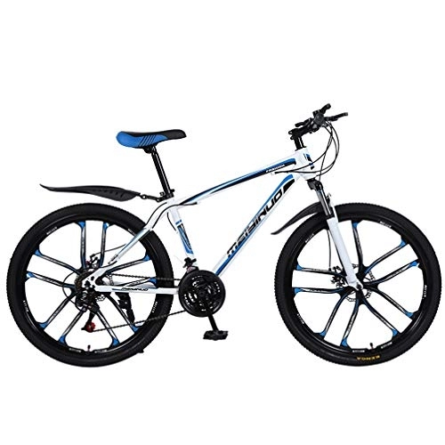 Mountain Bike : ZKHD 26 Inch 27 Speed 10 Spokes High Carbon Steel One-Wheel Mountain Double Disc Brake Shock Absorption Variable Speed Cross Country Bike, white blue, 26 inches
