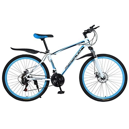 Mountain Bike : ZKHD 26 Inch 27 Speed 30 Spokes High Carbon Steel Wheel Mountain Double Disc Brake Shock Absorption Variable Speed Off-Road Bike, white blue, 26 inches