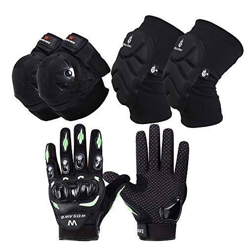 Mountain Bike Gloves : FQXG Outdoor Sports Protective Gear Off-Road Motorcycle Mountain Bike Anti-Fall Gloves Knee Pads Elbow Set Protective Gear Six-Piece Set, Green, L