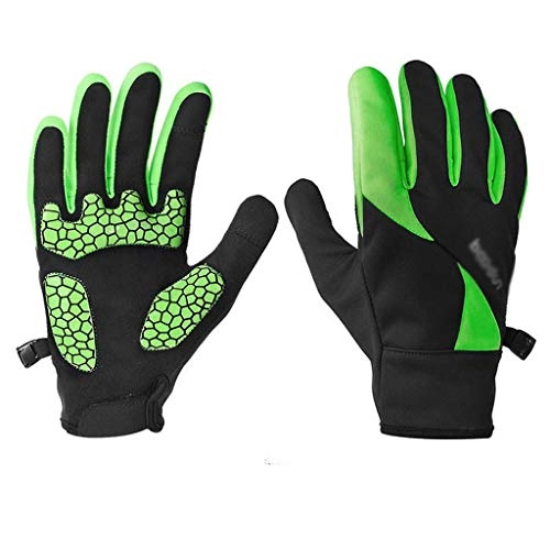 Mountain Bike Gloves : GSPORTFIS Unisex Winter Cycling Gloves Full Finger Touch Gel Pad Men Women Sport Bike Gloves Waterproof Windproof Warm MTB Bicycle Gloves (Color : Green, Size : Large)