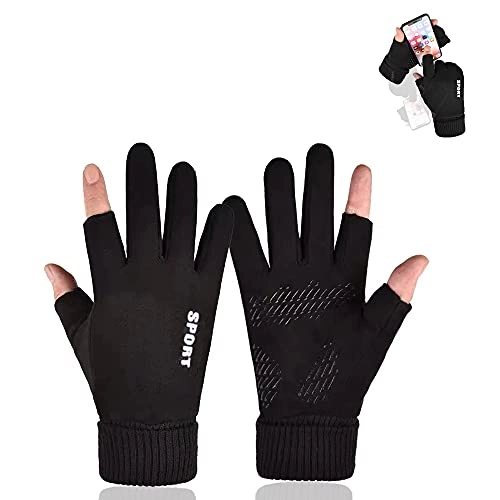 Mountain Bike Gloves : HITNEXT Cycling Gloves, Winter Running Touch Screen gloves, Mountain Bike Motorcycle Fishing Gloves, 2-fingerless winter biking Gloves for Mens Women