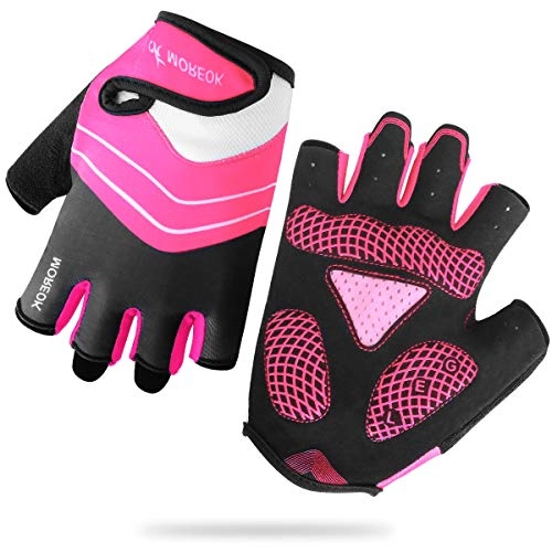 Mountain Bike Gloves : HNOOM Cycling Gloves, Half Finger Bike Gloves Gel Padded, Mountain Bike Gloves Anti-Slip Shock-Absorbing, Fingerless Bicycle Biking Gloves for Men & Women (Pink, L)