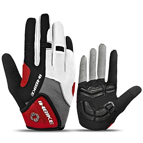 Mountain Bike Gloves : INBIKE Cycling Gloves Men, 5mm Gel Pad Touch Screen Full Finger Biking Gloves MTB Outdoor Red Large