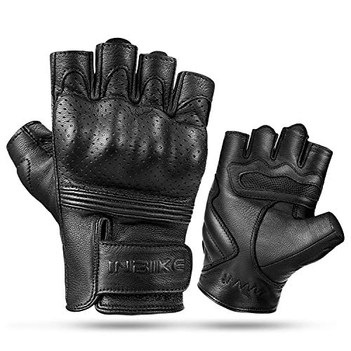 Mountain Bike Gloves : INBIKE Motorcycle Leather Gloves Fingerless Motorbike for Men Cycling MTB Wheelchair Touchscreen Half Finger Mountain bike Gym Padded Mens Black L