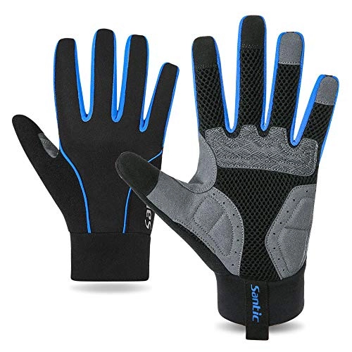 Mountain Bike Gloves : Santic Bike Gloves Full Finger Cycling Gloves Men Touchscreen Pad Anti-slip Lightweight Mountain Biking Blue
