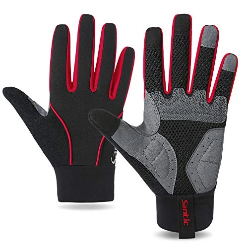Mountain Bike Gloves : Santic Cycling Gloves Windproof Bike Bicycle Motorcycle Gloves Gel Pads Touch Screen for Women and Men (Red, M)