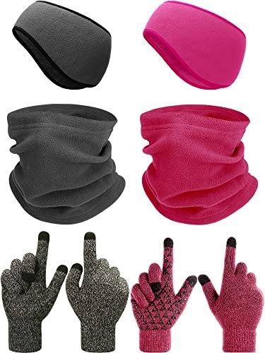 Mountain Bike Gloves : SATINIOR 6 Pieces Ear Warmer Headband Warmer Face Mask Fleece Neck Gaiter Touch Screen Winter Knit Gloves for Men and Women (Grey, Rose Red, Wine Red)