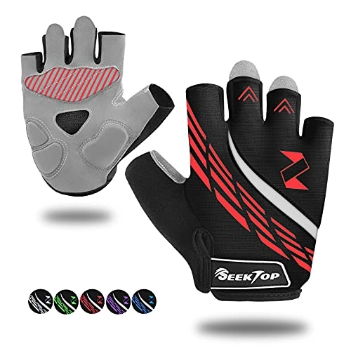 Mountain Bike Gloves : Seektop Bike Gloves Cycling Gloves for Men Women, Half Finger Biking Gloves Anti Slip Shock Absorbing Mountain Bike Gloves, Padded Comfortable Breathable MTB Road Bicycle Gloves (Red, M)