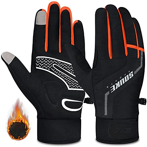 Mountain Bike Gloves : Souke Sports Winter Cycling Gloves Men Women Thermal Touch Screen Padded Bike Gloves Water Resistant Windproof for Mountain Biking Running(Orange, Small)