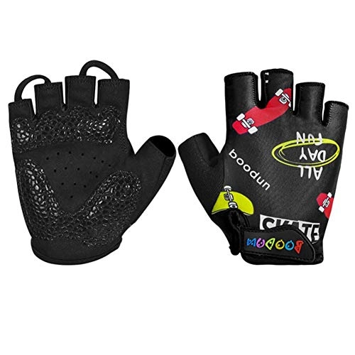 Mountain Bike Gloves : T ECH Cycling gloves, children's cycling gloves, outdoor sports half finger anti-skid balance bike gloves for Weight Lifting, Cross Training, Cycling, black skateboard, XS